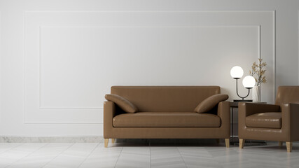 Modern contemporary living room interior with a set of brown leather sofa
