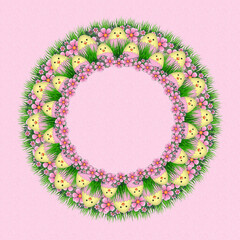 Illustration of cute Easter chick eggs as a wreath with spring blossom flowers on a pink background with space for text.