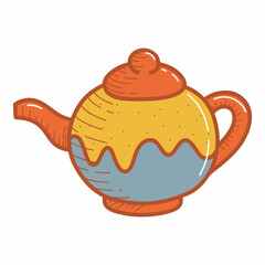 Ceramic teapot, faience, handmade clay dishes. Hand drawn vector illustration. Isolated element on a white background
