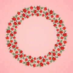 Illustration of roses as a round border on a pink background with space for text.  Love concept.
