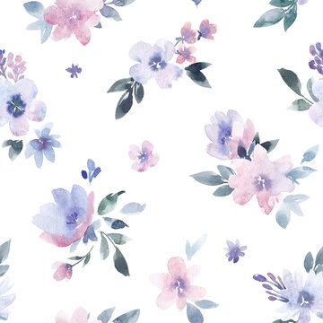 Beautiful seamless pattern with gentle watercolor hand drawn purple flowers. Stock illustration.