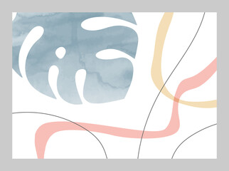 Poster with leafs and abstract organic shapes and lines for wall decoration, cover, EPS 10 vector horizontal template