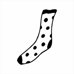 Hand drawn sock in doodle style. Black and white vector illustration
