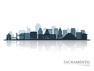 Sacramento skyline silhouette with reflection. Landscape Sacramento, California. Vector illustration.