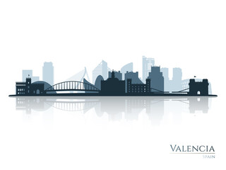 Naklejka premium Valencia skyline silhouette with reflection. Landscape Valencia, Spain. Vector illustration.