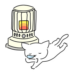 ストーブ（石油）と眠るネコのイラスト
