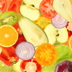 Square background from bright fresh healthy vegetables and fruits