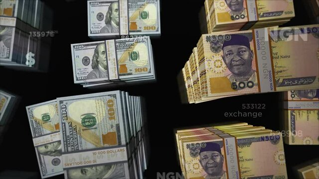 American Dollar and Nigeria Naira money exchange. Banknotes pack bundle. Concept of trade, economy, competition, crisis, banking and finance. Notes loopable seamless 3d.
