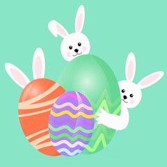 Easter bunnies and eggs on a colored background. Vector illustration in a flat style