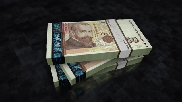 Bulgaria leva money pile pack. Concept background of economy, banking, business, crisis, recession, debt and finance. 50 BGN banknotes stacks 3d animation.