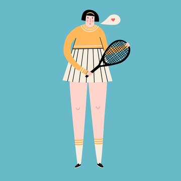 Cute female athlete. Cartoon doodle tennis player with a racket in a sports uniform. Vector.