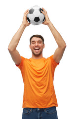 sport, leisure games and people concept - happy smiling man or football fan with soccer ball over...