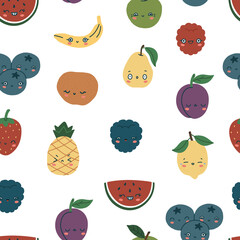 Pattern of cute fruits with eyes and smiles on a white background. Fruit and berry characters. Isolated fully editable flat illustration..