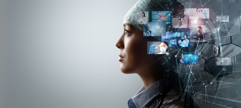Woman doctor face profile portrait and chemical research photos. Female specialist looking at future isolated on grey background with copy space. Medical research and development concept