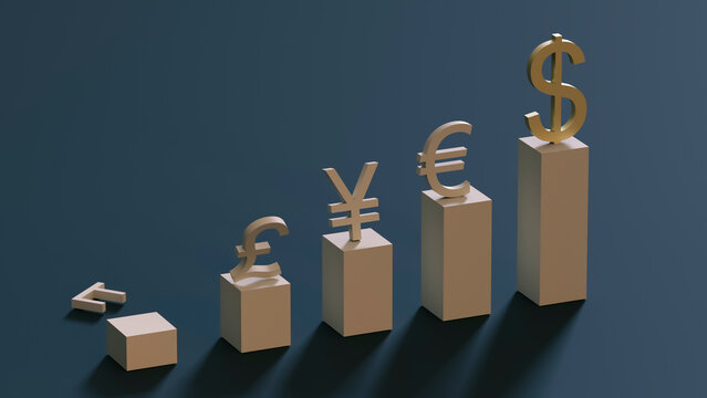 Currency symbols are set on the rising columns of the chart. Leadership of the dollar. Finance concept. 3D rendering. Copy space - Powered by Adobe