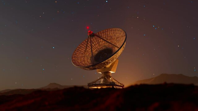 Enormous openwork satellite dish in the desert with beautiful star sky behind it