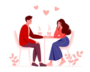 Couple in love celebrating holiday, holding hands and drinking coffee. Man and woman spending time together. Young people resting on romantic date. Saint Valentine's Day. Vector illustration 