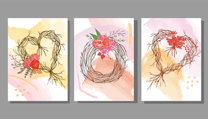 Botanical set of vector wall art. Watercolor drawing of a boho wreath with an abstract form. Abstract design