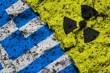 Concept of the Nuclear Energy Policy of Greece with a flag and a radiation hazard sign painted on a...