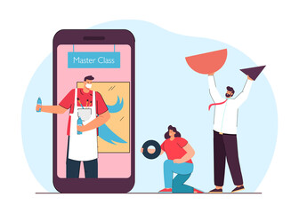 Cartoon people taking part in online art master class. Online workshop, drawing lesson flat vector illustration. Online education, technology concept for banner, website design or landing web page