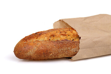 Fresh baguette with sesame seeds isolated on white