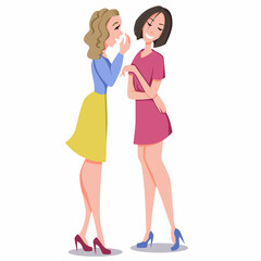 Friends communicate. Two girls are discussing gossip. Vector illustration in a flat cartoon style, isolated on a white background.