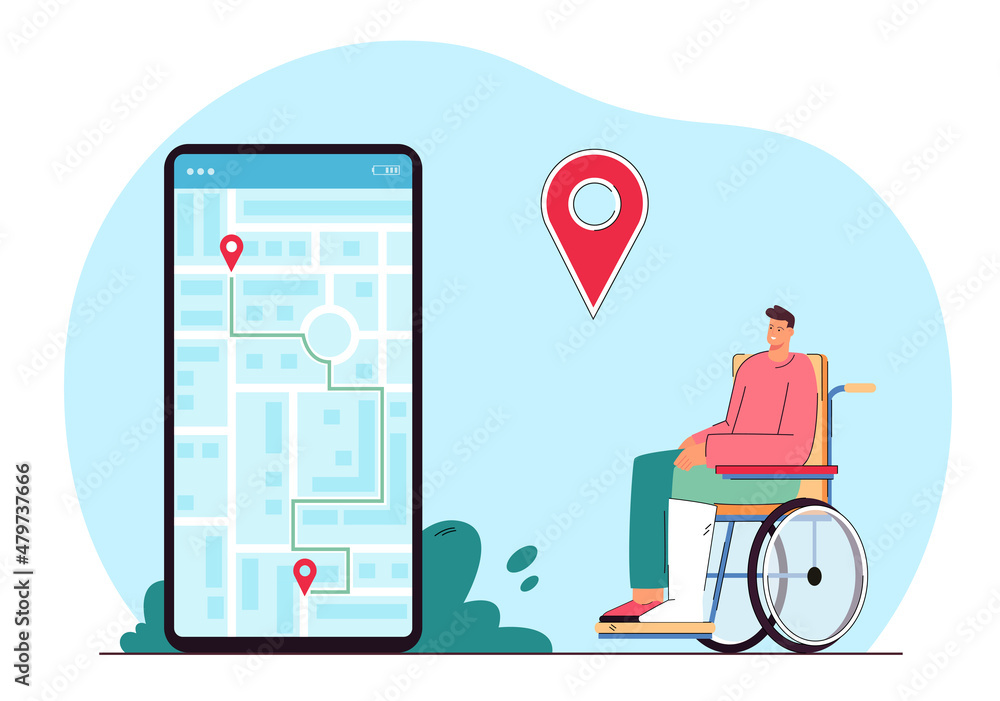 Aufkleber man in wheelchair using navigation or taxi app on phone. male character with physical disability mak