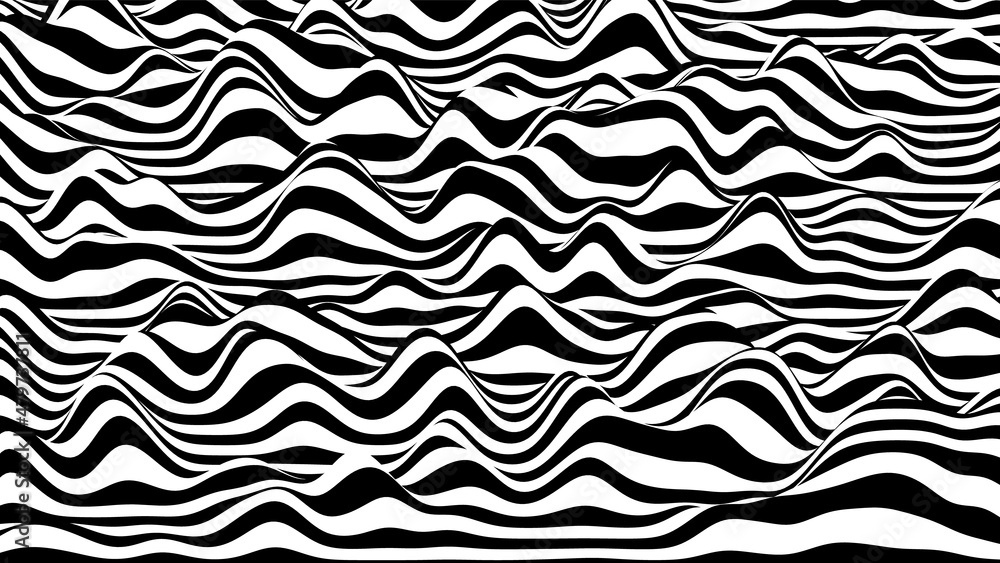 Poster 3d black and white ripple stripes distorted backdrop. abstract procedural noise surface.
