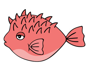 Fish ball. Pink fish. Colored vector illustration. A spiny fish with fins and a tail. Ocean dweller with thorns. Sea puffer. Cartoon style. Isolated background. Idea for web design, book.