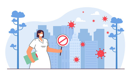 Cartoon nurse in mask holding stop sign. Coronavirus floating in air in big city flat vector illustration. Pandemic, prevention, health, medicine concept for banner, website design or landing web page