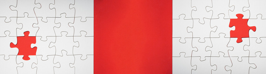 Empty white details of puzzle on red background banner panorama, with space for text