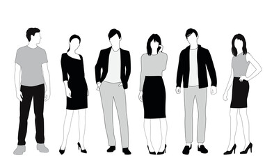 Vector silhouettes of  men and a women, a group of standing  business people,  linear sketch, black, gray and white color isolated on white background