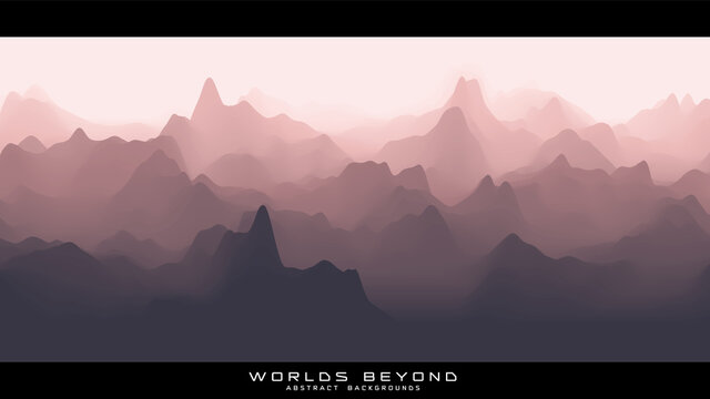 Abstract reddish landscape with misty fog till horizon over mountain slopes. Gradient eroded terrain surface. Worlds beyond.