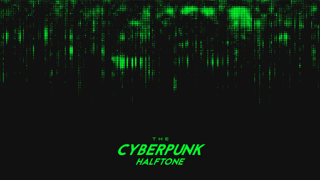 Abstract vector green cyberpunk halftone sound wave. Scrathed dotted texture element.