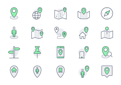 Location line icons. Vector illustration include icon - gps, paper map, globe, information sign, compass, smartphone, work, job outline pictogram for navigation. Green Color, Editable Stroke