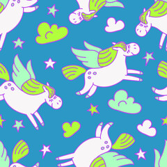 Cute flying horses in night sky. Pegas seamless vector pattern