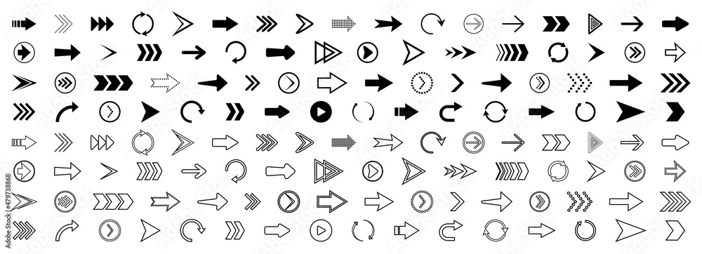 Poster arrow icons. set of outline right arrows. icons for button of next, forward, down, up, back and rewi