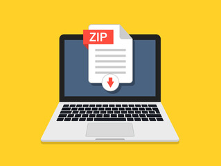 Zip document. Download zip file in computer. Icon of upload in laptop. Digital file from internet. Click to save of document with data. Vector © Wise ant