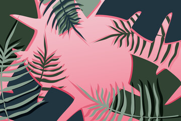 Tropical leaves vector, pink background. Exotic plants template. Horizontal layout.
