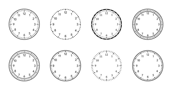 Clock faces. Watch dials with numbers. Templates of round clock faces. Design of clockfaces for wall. Classic and vintage countdown. Vector