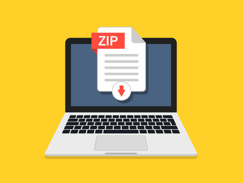 Zip document. Download zip file in computer. Icon of upload in laptop. Digital file from internet. Click to save of document with data. Vector