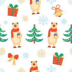 Christmas pattern with a cute bear holding a gift. Bright festive background. Vector illustration.