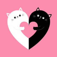 Cat heart set. Hugging couple family holding heart. Happy Valentines day. Hug, embrace, cuddle. Black White Yin Yang kitty kitten. Cute cartoon baby character. Pink background. Flat design.