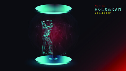 The series of hologram wallpaper. Action figure of a golf player on light projection.