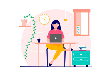 Woman sitting at computer. The concept of remote work, work from home, taking courses. illustration. Isolated on a white background.