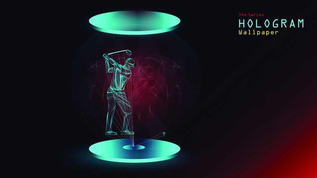 The series of hologram wallpaper. Action figure of a golf player on light projection.