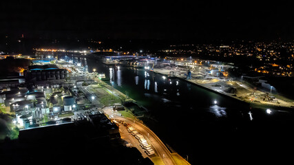 An aerial photo of the Wet Dock in Ipswich, Suffolk, UK at night