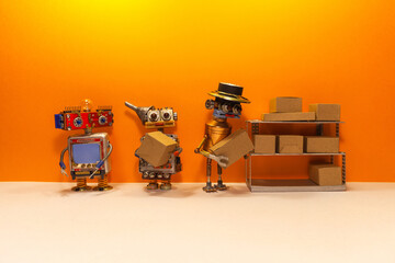 Storage technology. Warehouse work and sorting orders. Storekeeper robots stacks brown cardboard...