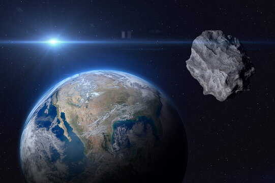 Planet Earth and asteroid. Elements of this image furnished by NASA.
