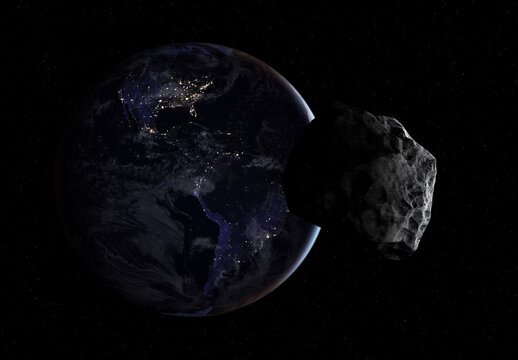 Asteroid and Earth. Elements of this image furnished by NASA.
